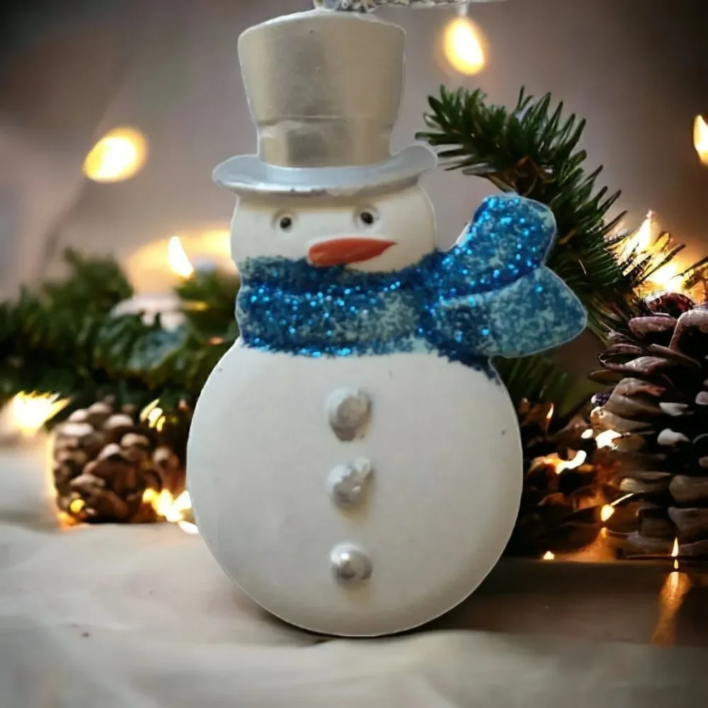 Snowman Ornament Glitter Acrylic Blue White Frosty Winter Snow Whimsical Holiday